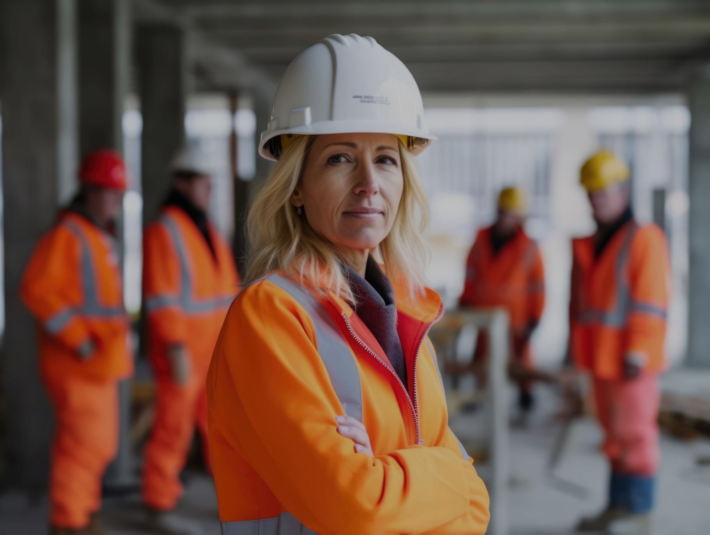 Site manager in a hard hat with the build team