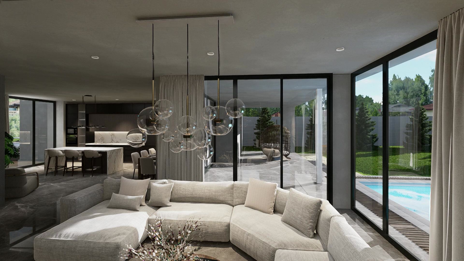 Open-plan living space with floor-to-ceiling glazing onto the garden