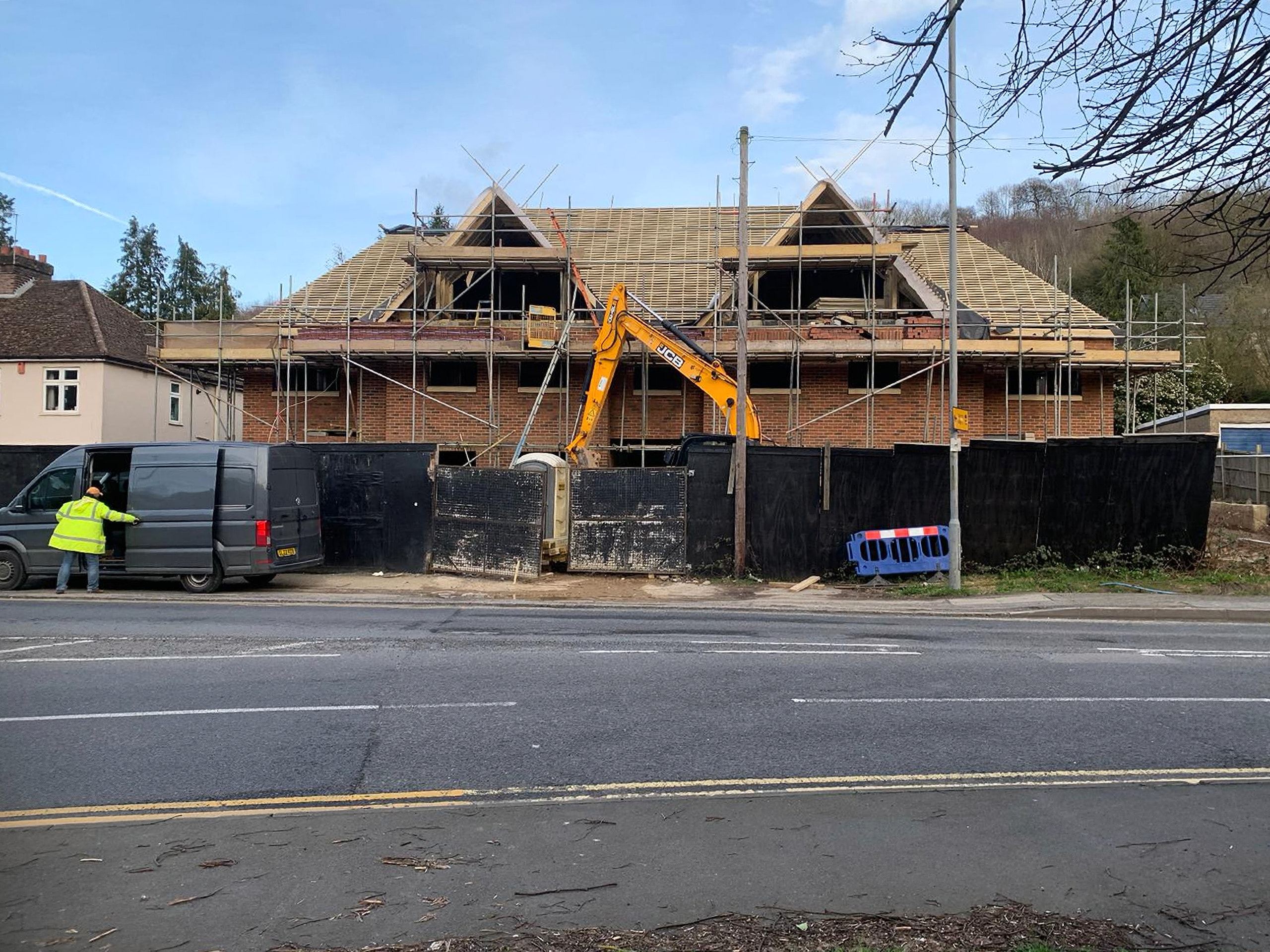 Timber frame and scaffolding at New Road, High Wycombe, during construction